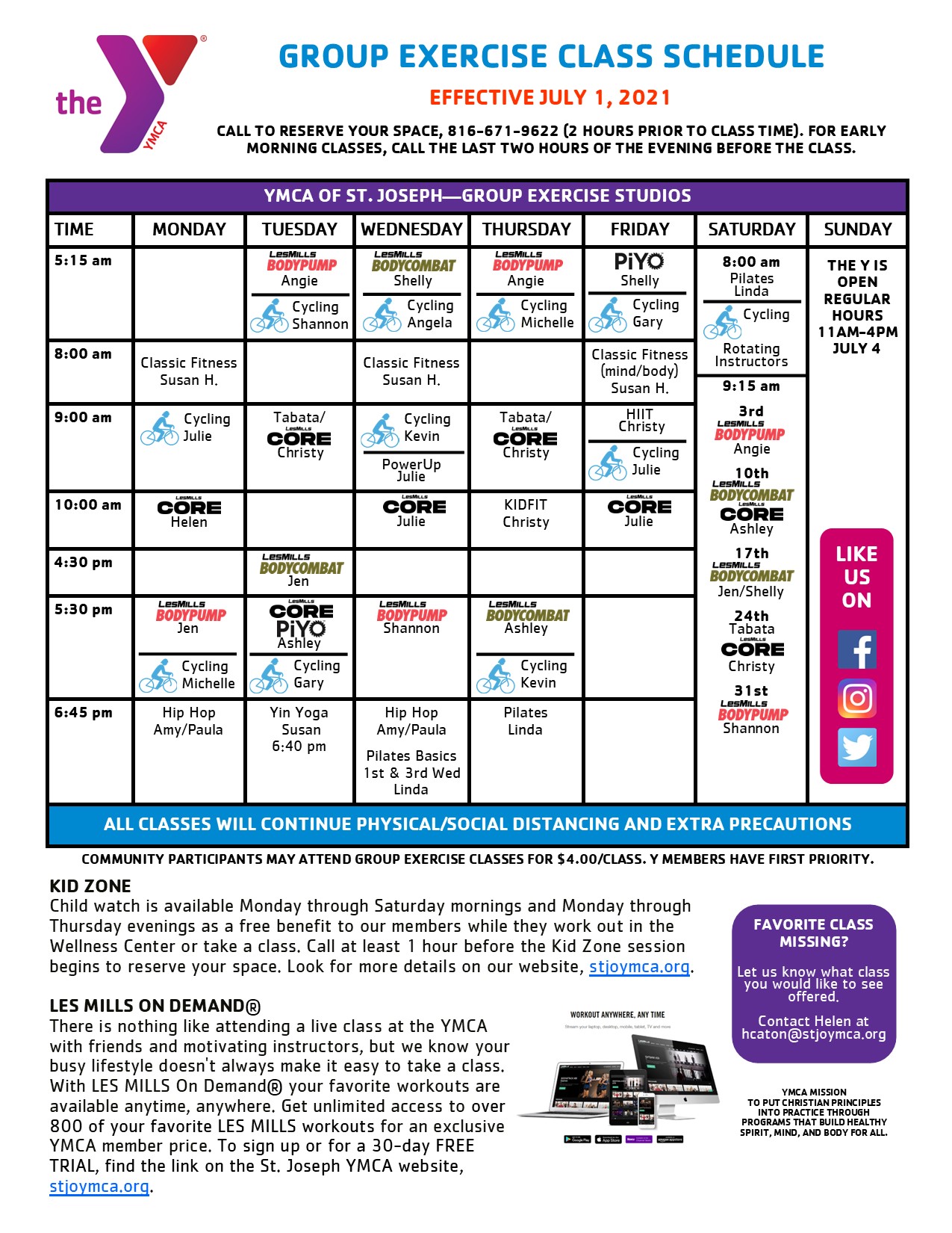 Group Exercise Class Schedule St. Joseph YMCA